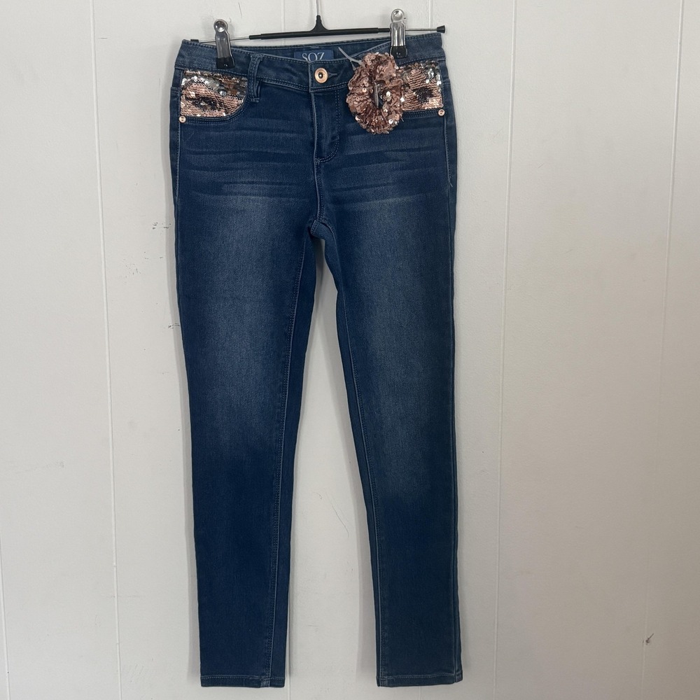 SQZ Jeans Girls Size 10 Blue Skinny Denim Rose Gold Sequin Pockets Stretch
